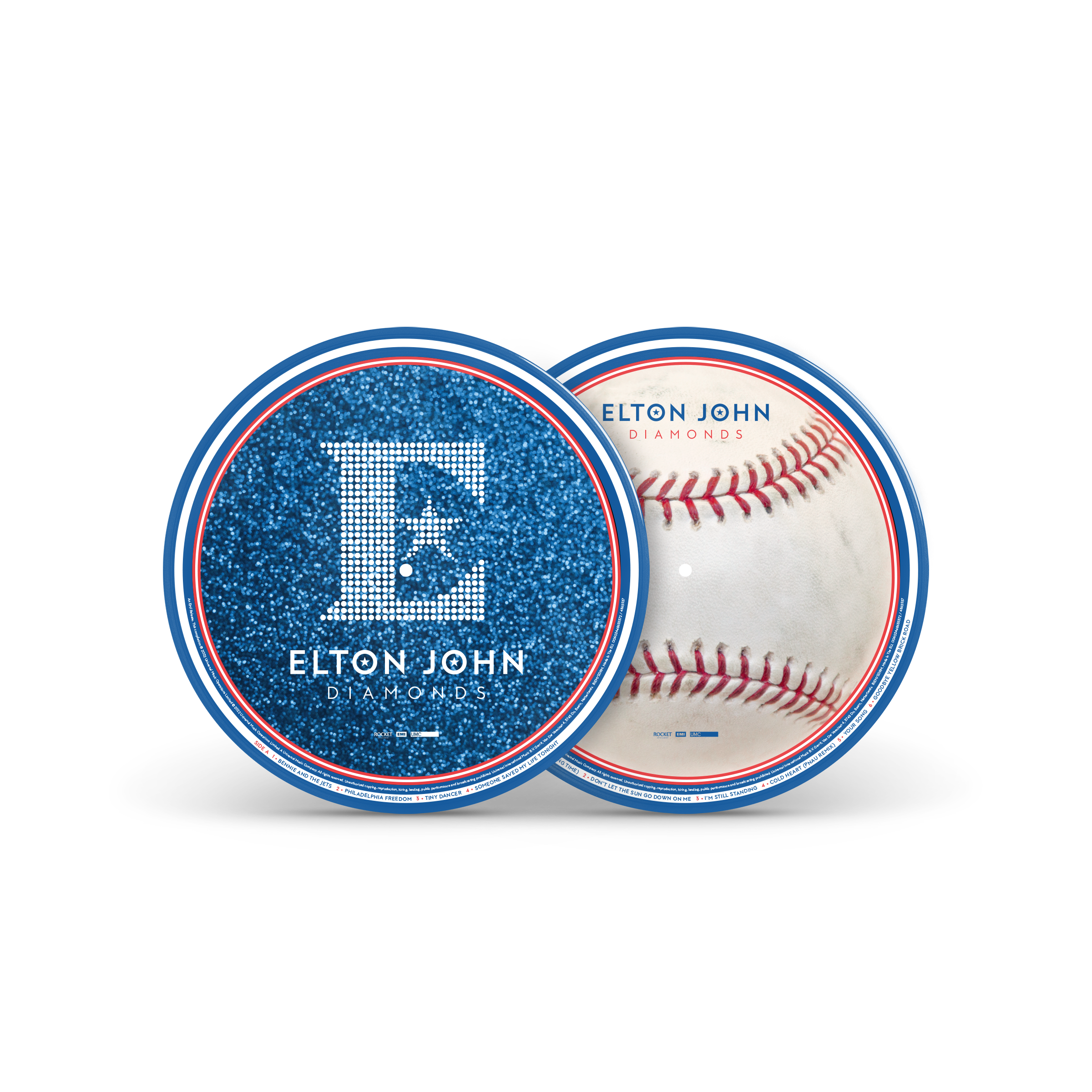 Diamonds Baseball Picture Disc +Live in LA Blue T-Shirt + Elton Script Cap