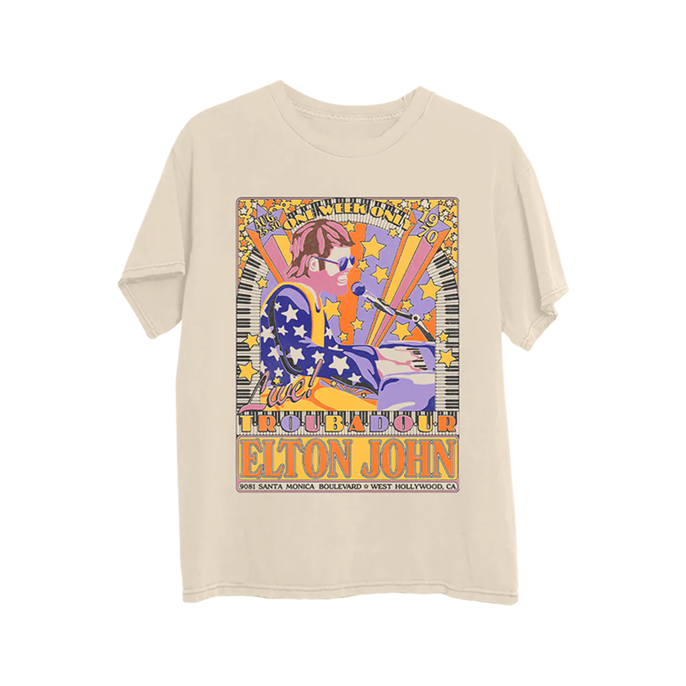 6(roku)ELTON JOHN PIANO BASEBALL T-SHIRT Troubadour Piano Keys Dateback T-Shirt - Elton John