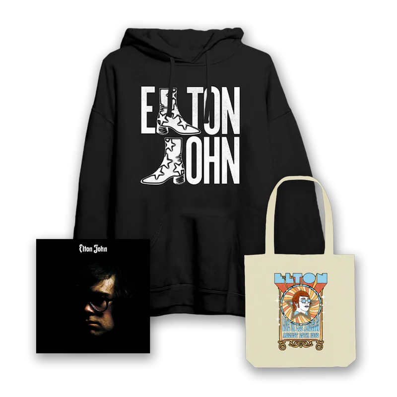 Elton John: Vinyl LP + Troubadour Boot Black Hoodie + Tote