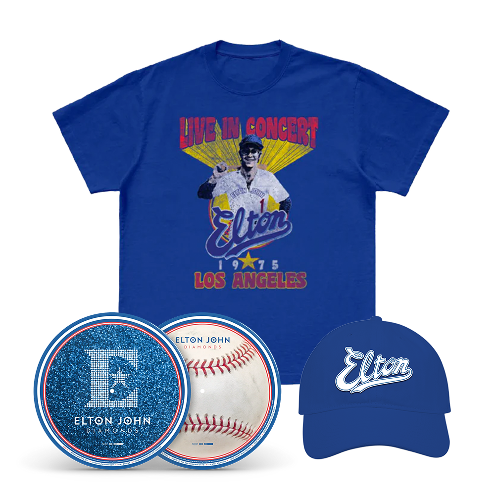 Diamonds Baseball Picture Disc +Live in LA Blue T-Shirt + Elton Script Cap