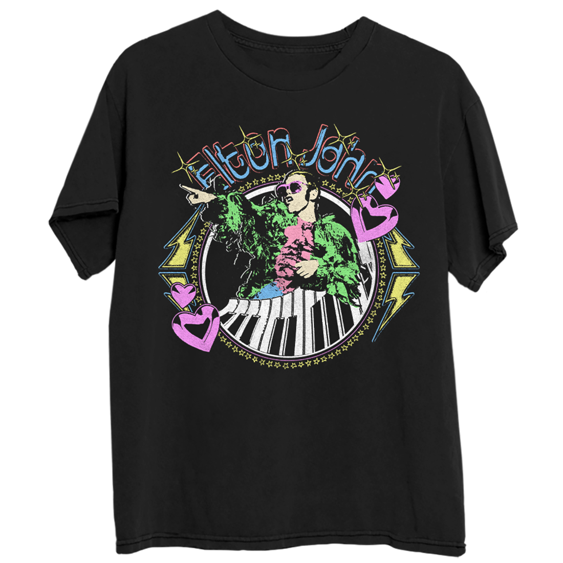 Elton John - Distressed Threshold Piano Hearts T-Shirt